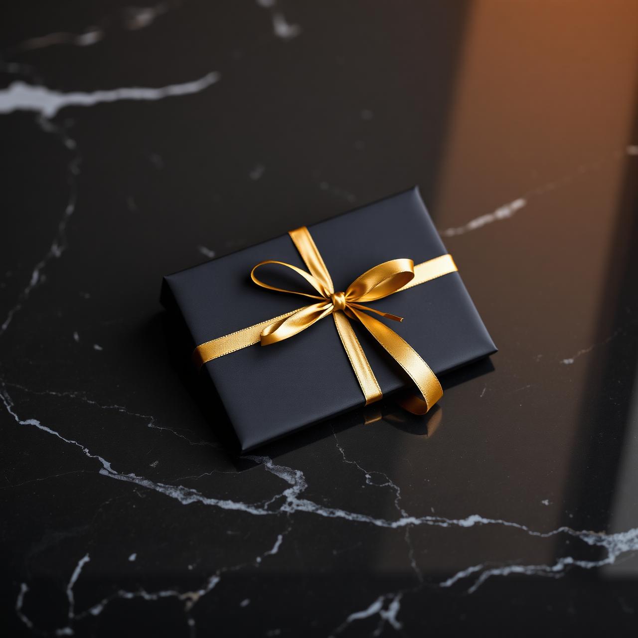 Black gift card with gold ribbon on marble